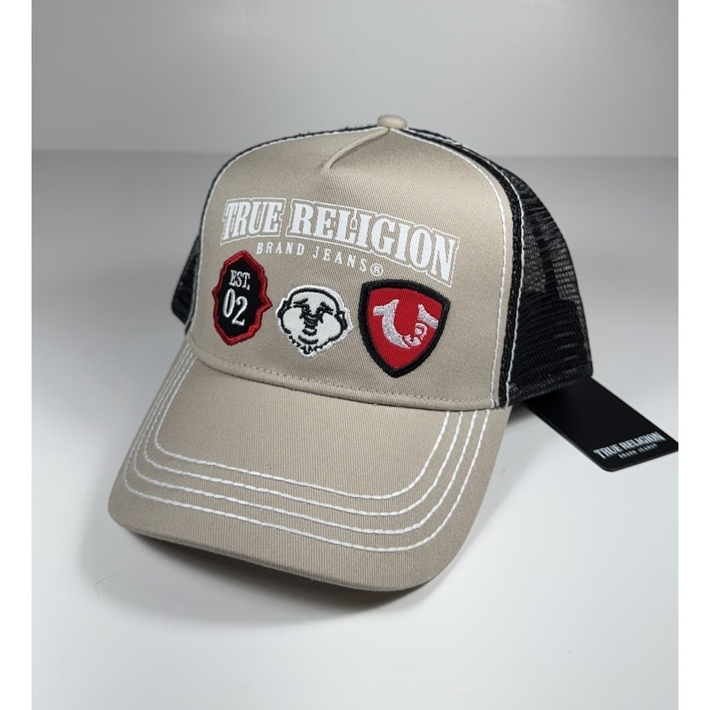 True Religion Buddha Patch Trucker Snapback Hat Tan Black Men's *New* $69